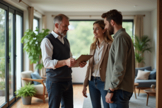 Consultant immobilier discutant certificat énergie avec un couple dans un salon moderne