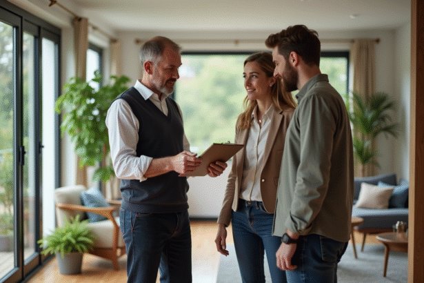 Consultant immobilier discutant certificat énergie avec un couple dans un salon moderne