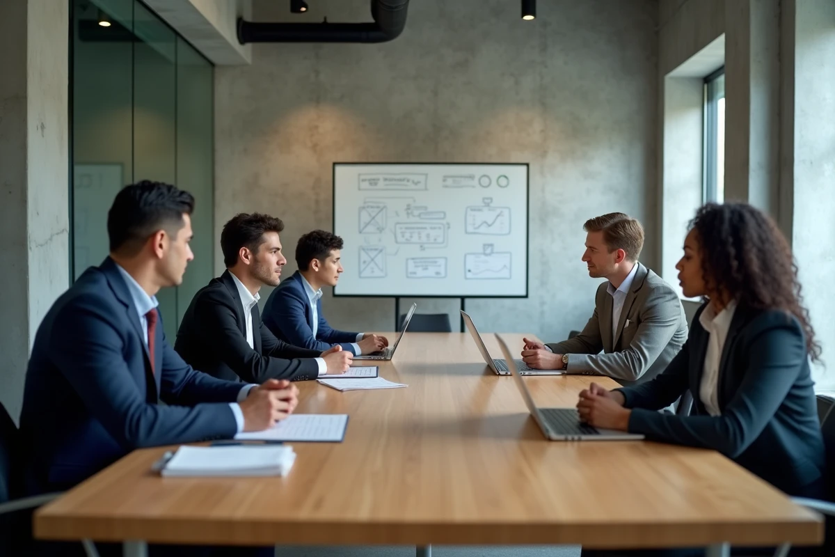 Groupe d'adultes en réunion professionnelle illustrant la contrainte sociale et les normes collectives au travail