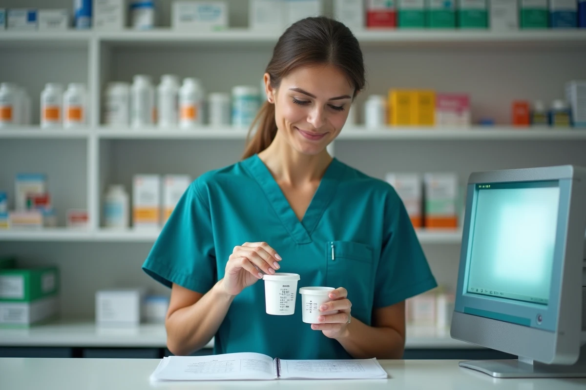 Pharmacienne comparant un doseur de 50 ml avec un tableau de conversion en millilitres dans une pharmacie