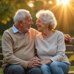 Couple senior assis sur un banc de jardin souriant