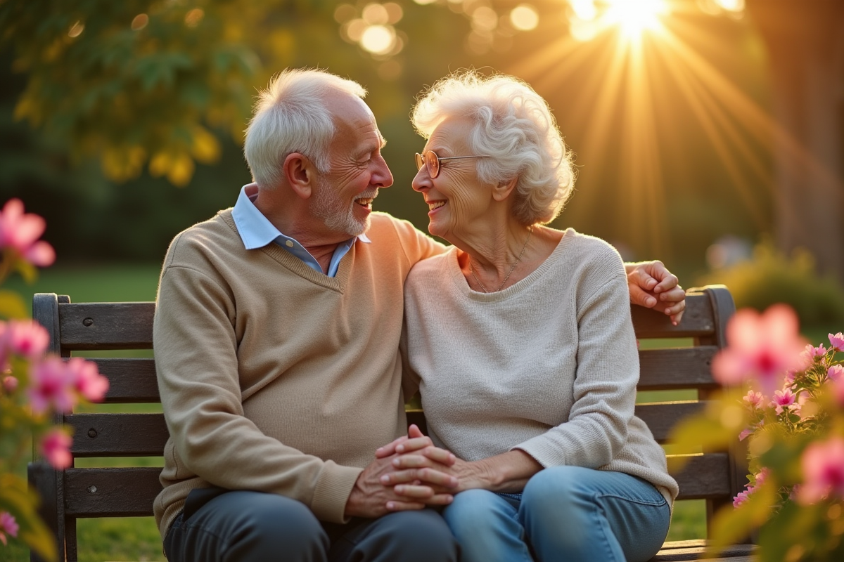 Couple senior assis sur un banc de jardin souriant