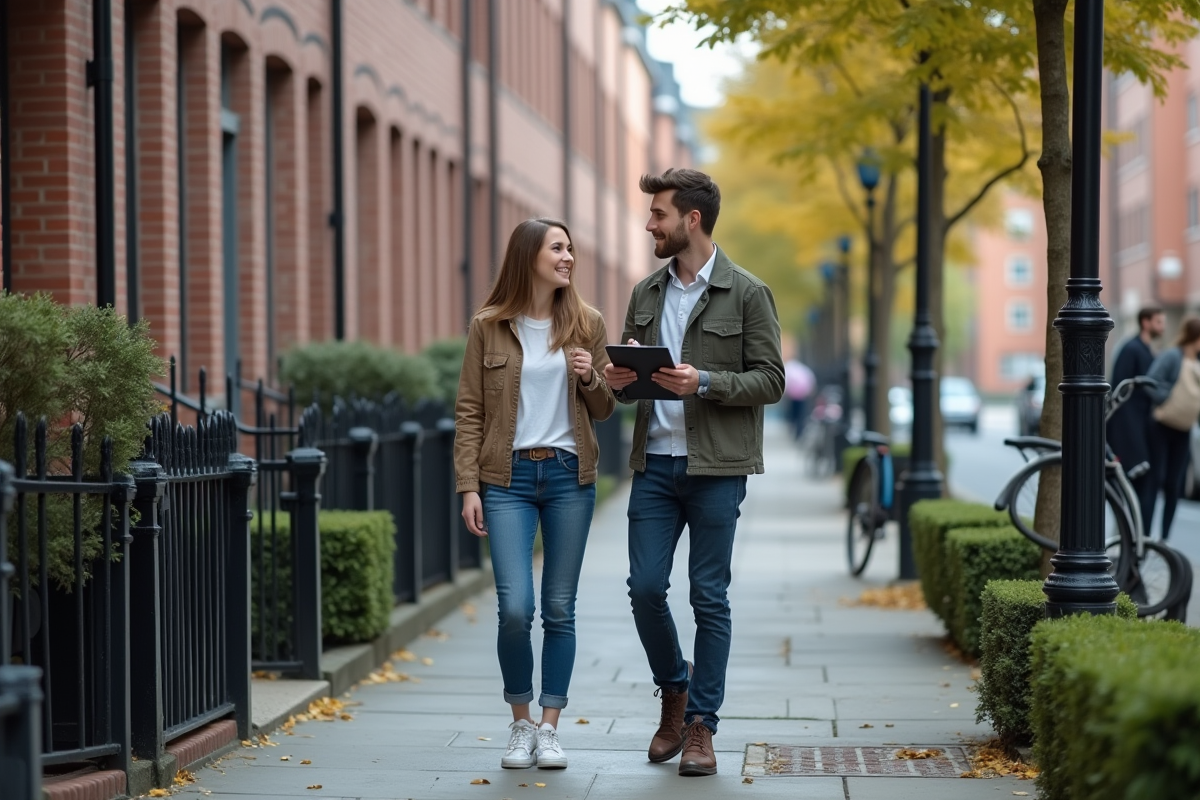 Jeune couple discutant avec un agent devant une maison en ville