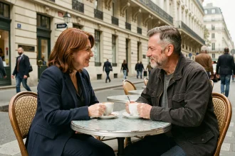 Couple discret partageant un café en terrasse parisienne, évoquant la vie privée de personnalités publiques