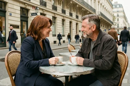 Couple discret partageant un café en terrasse parisienne, évoquant la vie privée de personnalités publiques