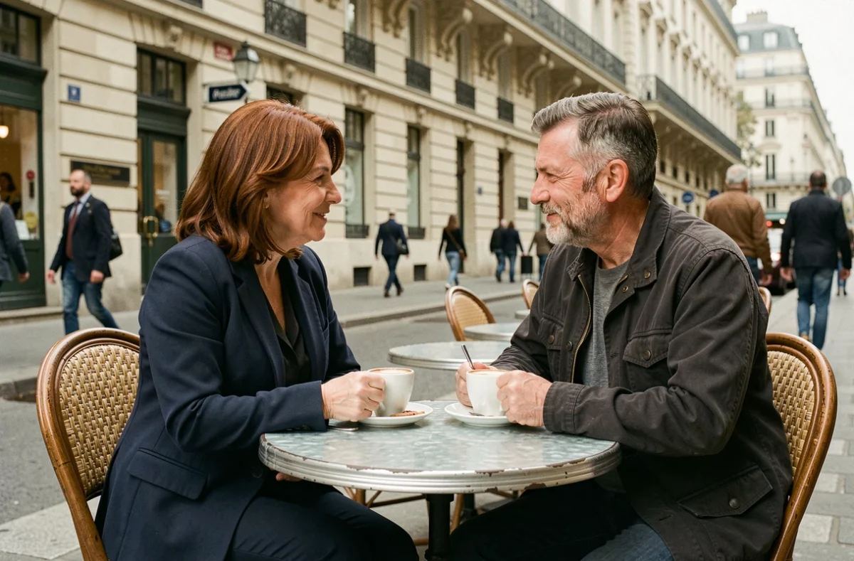 Couple discret partageant un café en terrasse parisienne, évoquant la vie privée de personnalités publiques