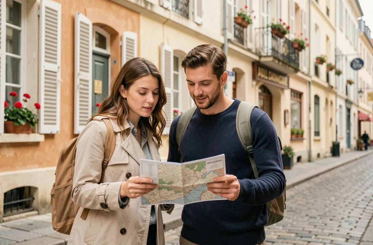 Couple explorant un village français lors d'un week-end prolongé du calendrier des jours fériés de mai 2026