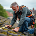 Couvreur mesurant des tuiles sur un toit de maison