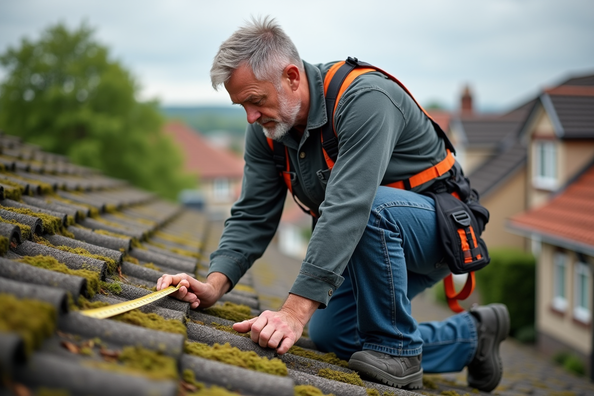 Couvreur mesurant des tuiles sur un toit de maison