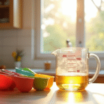 Verre doseur de cuisine rempli à 250 cl avec tasses colorées ensoleillées