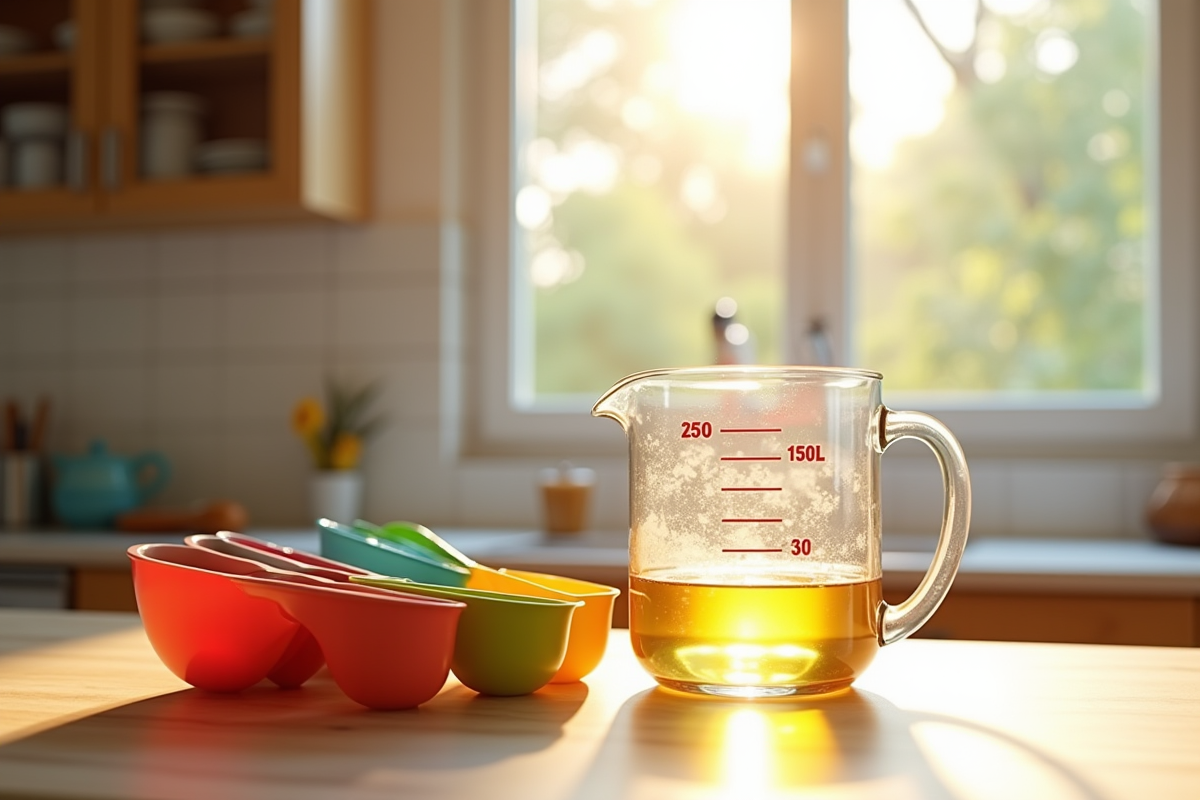 Verre doseur de cuisine rempli à 250 cl avec tasses colorées ensoleillées