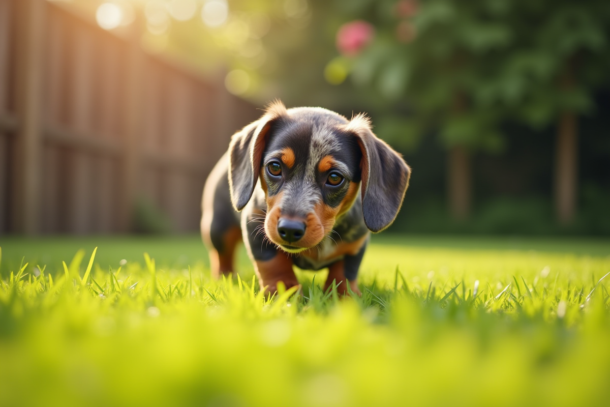 Dachshund merle explorant un jardin ensoleille