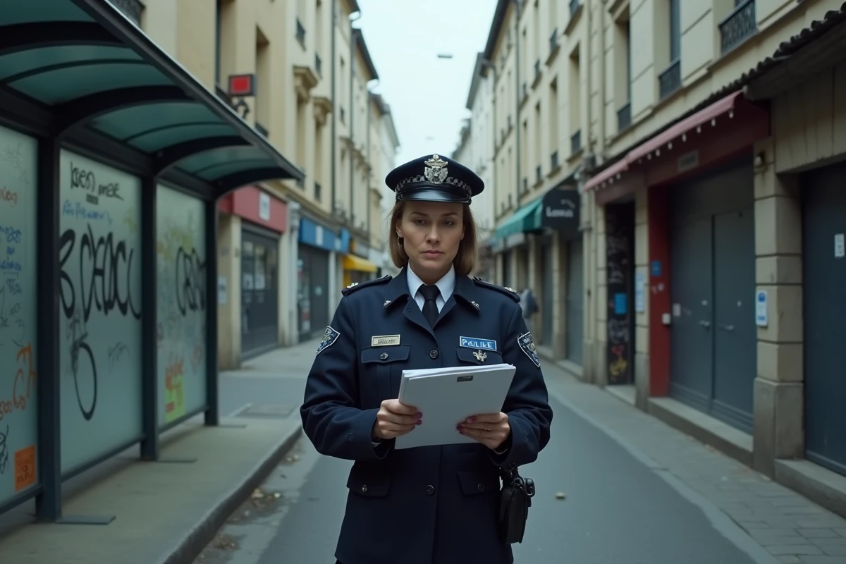 Policière au carnet entre deux scènes urbaines distinctes, illustrant la différence entre délinquance de proximité et criminalité organisée