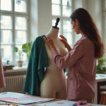 Créateur de mode parisien ajustant un vêtement dans un atelier lumineux