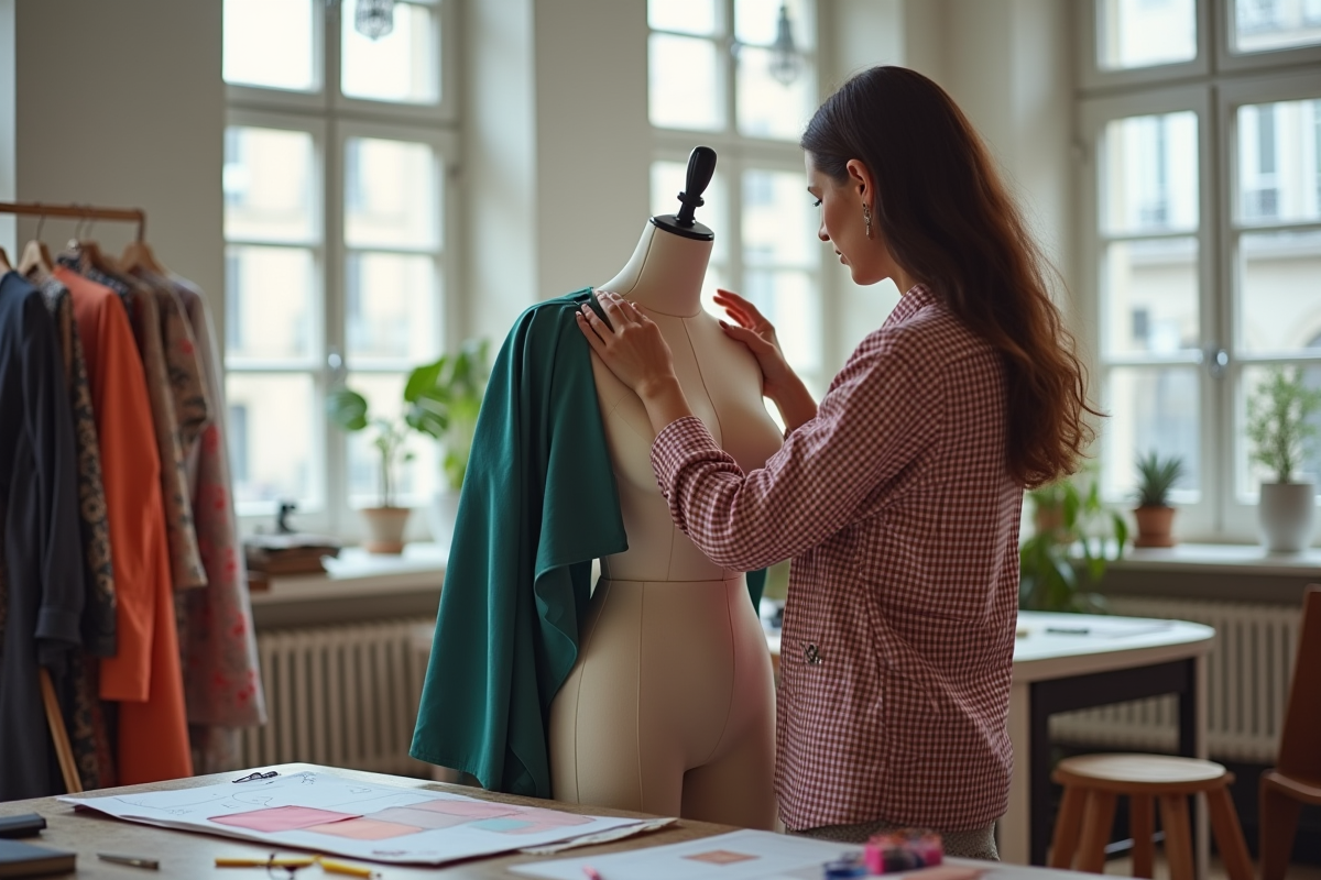 Créateur de mode parisien ajustant un vêtement dans un atelier lumineux