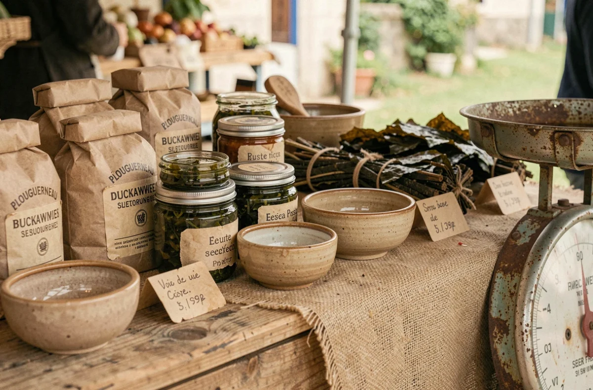 Détail d'un étal de produits artisanaux bretons au marché de Plouguerneau avec algues, farines et céramiques