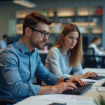 Jeune homme professionnel discutant code avec collègue au bureau
