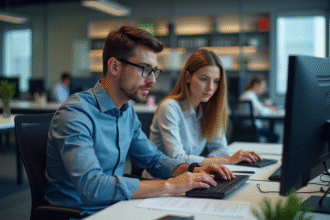 Jeune homme professionnel discutant code avec collègue au bureau