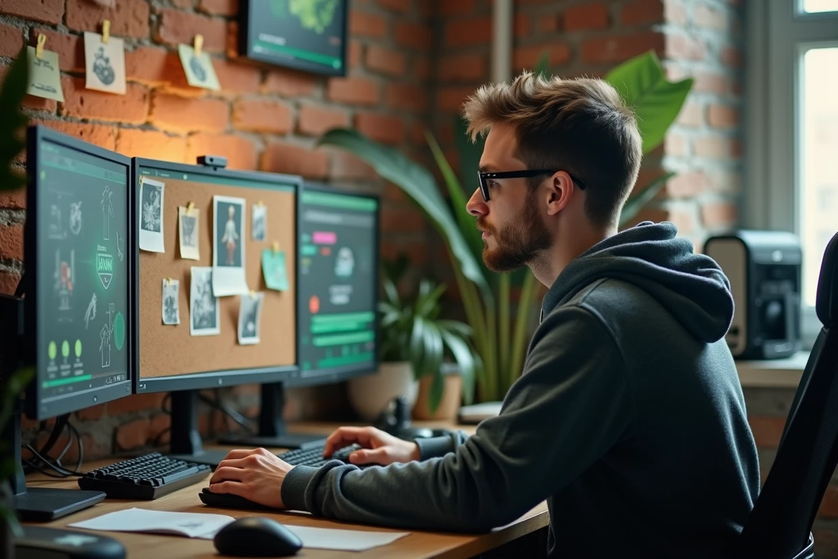 Développeur de jeux vidéo travaillant dans un studio indépendant avant le Summer Game Fest 2026, entouré d'écrans et de croquis de conception