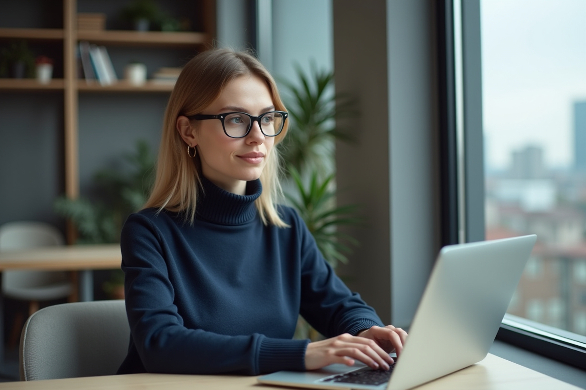 Jeune femme développeuse concentrée sur son code près d
