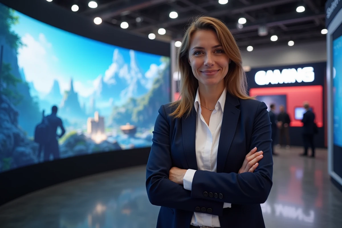 Directrice créative d'un studio de jeux vidéo présentant son titre devant un écran géant lors du Summer Game Fest 2026