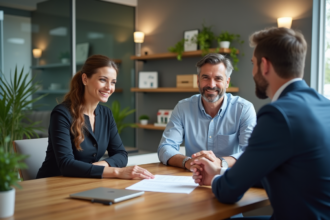 Couple en réunion immobiliere avec un agent dans un bureau moderne
