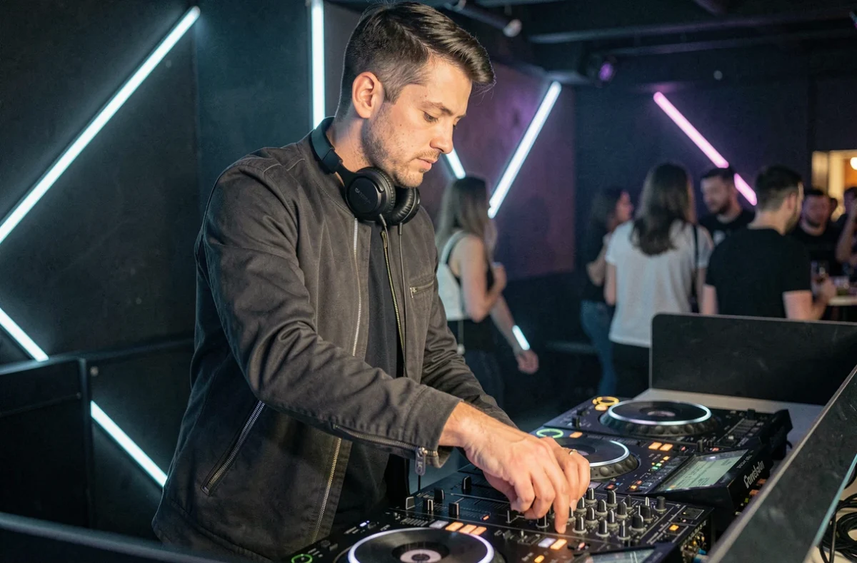 DJ Feel en performance derrière sa console dans un club parisien, concentré sur son set avec des équipements professionnels