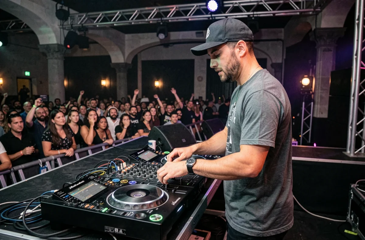 DJ Velrich en pleine performance dans un club parisien, derrière ses platines avec une foule enthousiaste en arrière-plan