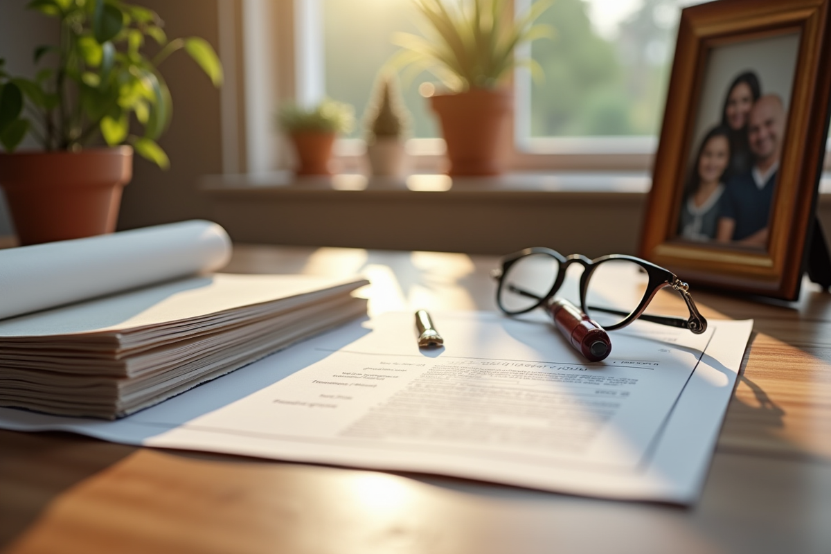 Documents de succession sur une table avec lunettes et photo de famille