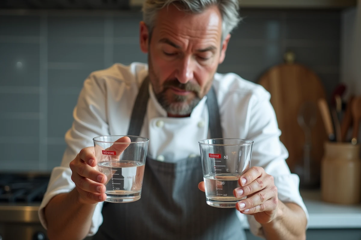 Chef cuisinier lisant attentivement les graduations d'un verre doseur contenant 50 ml d'eau en cuisine professionnelle