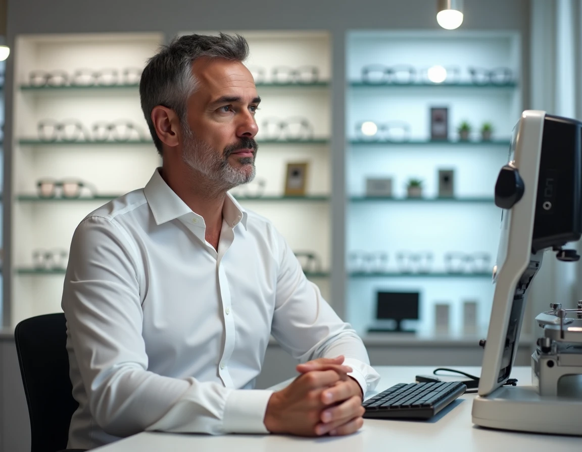 Opticien de l'enseigne Écouter Voir Optique à Bellegarde lors d'un bilan visuel avec un client