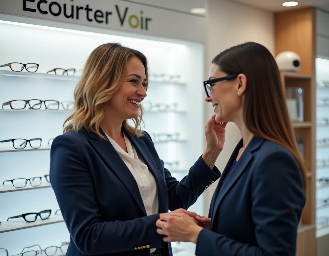 Opticienne du magasin Écouter Voir Optique à Oyonnax aidant une cliente à choisir des lunettes