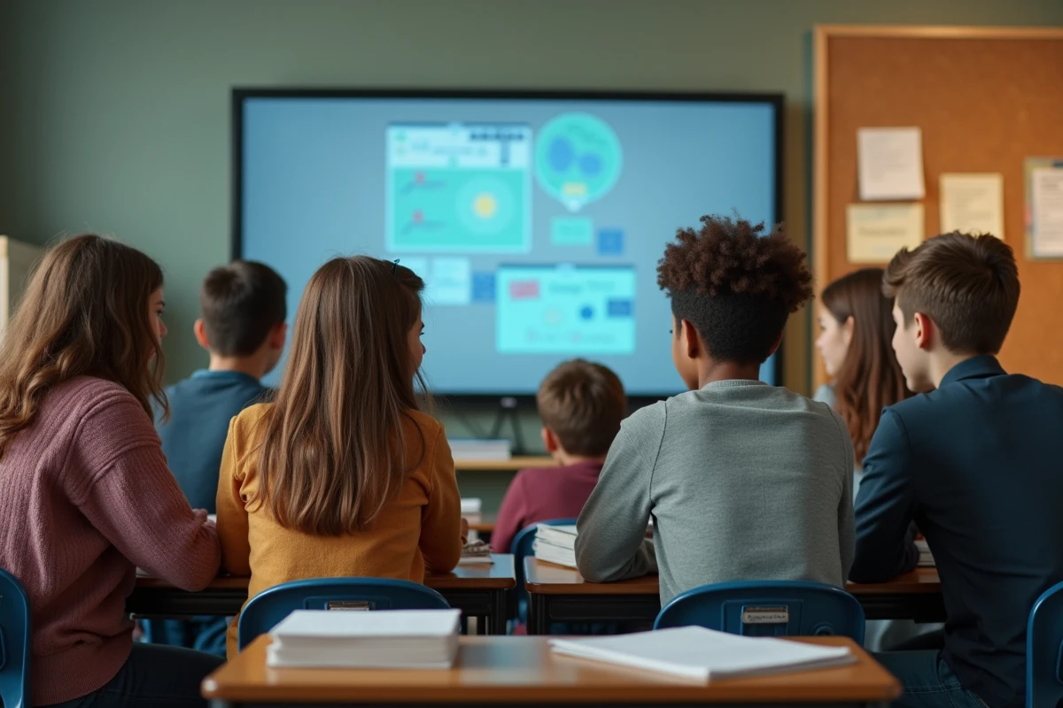 Groupe de lycéens résolvant un puzzle Motus devant un écran en classe