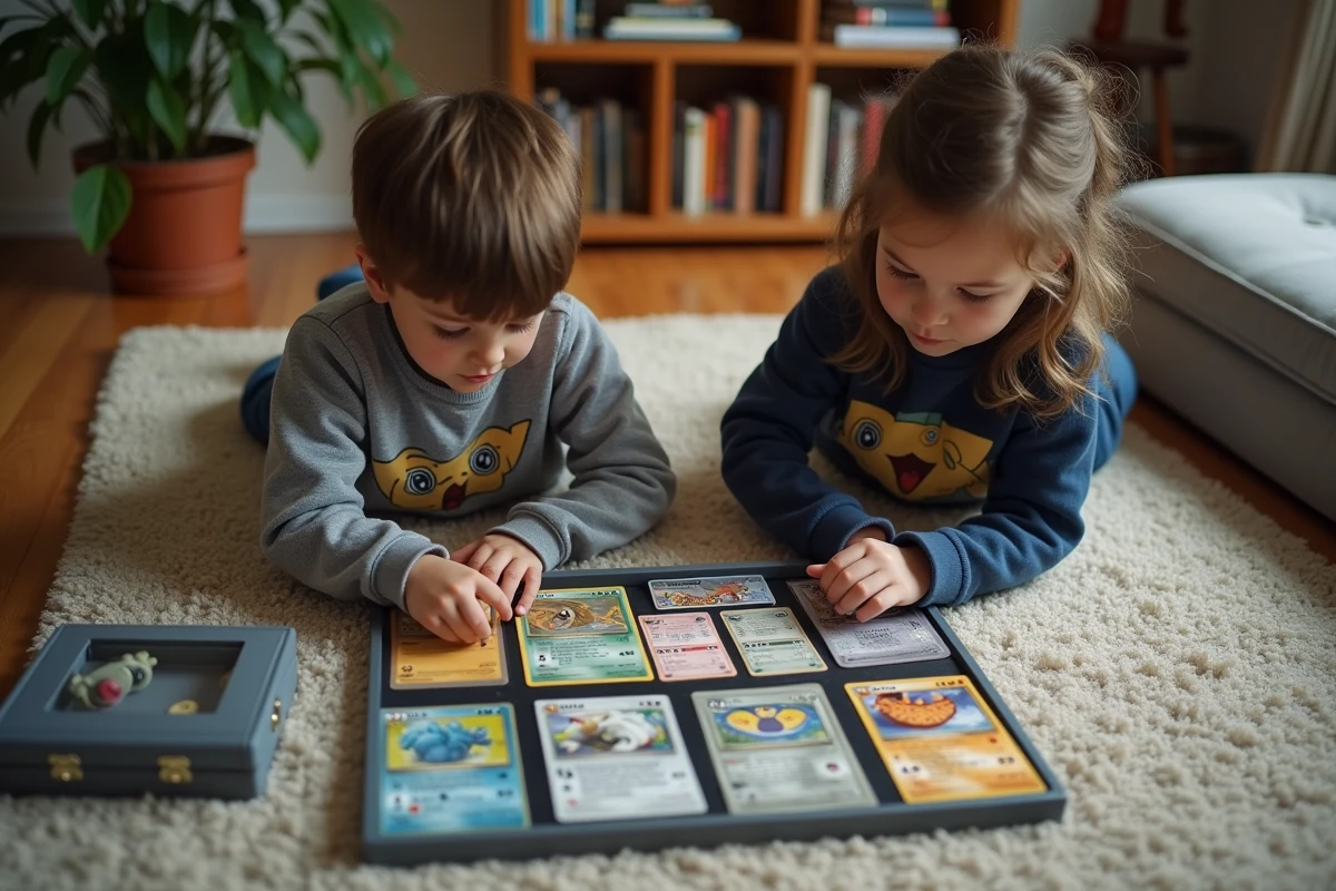Deux enfants organisant leur jeu Pokémon TCG sur un tapis