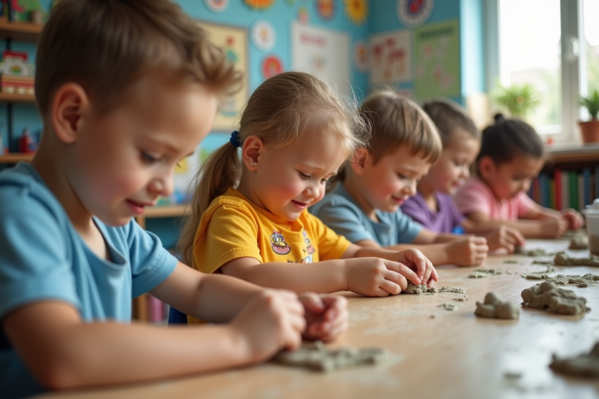 Enfants de maternelle façonnant de l'argile en classe