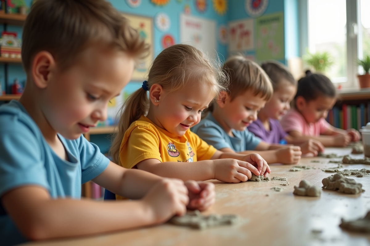 Enfants de maternelle façonnant de l'argile en classe