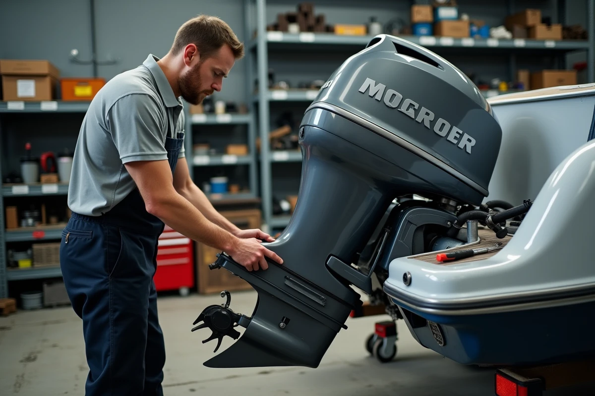 Technicien effectuant l'entretien d'un moteur hors-bord dans un atelier de réparation nautique