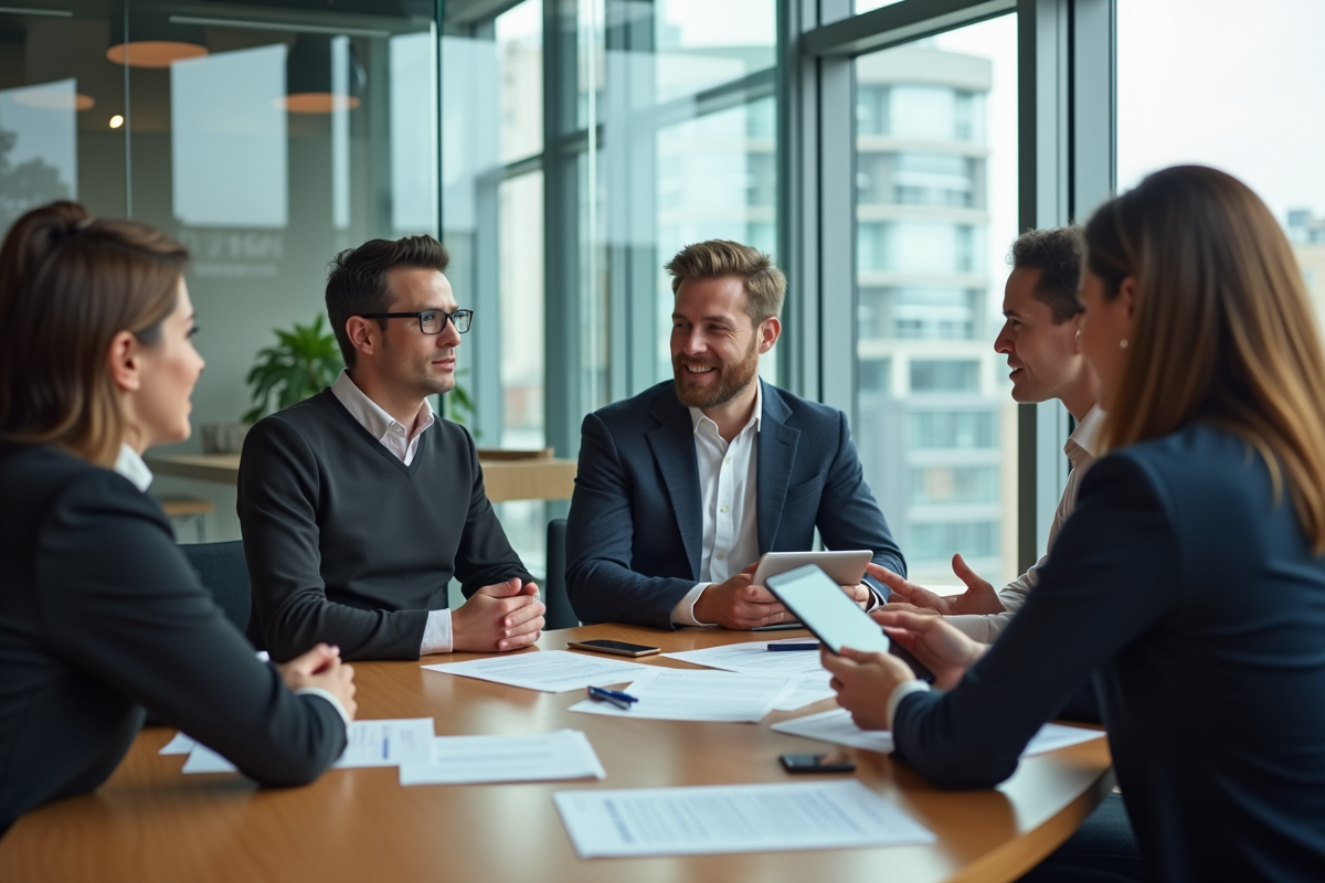 Groupe de professionnels collaborant dans une salle moderne