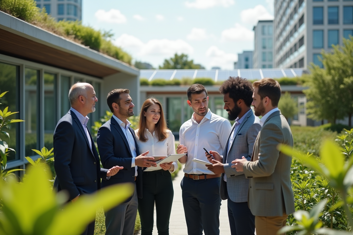 Groupe de professionnels examinant une installation solaire extérieure
