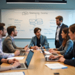 Groupe divers d'ingénieurs OpenAI en discussion dans un bureau moderne