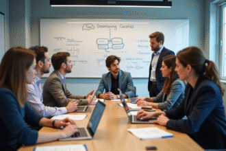 Groupe divers d'ingénieurs OpenAI en discussion dans un bureau moderne