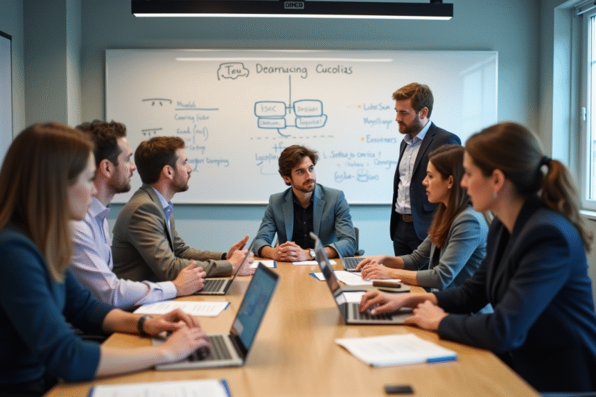 Groupe divers d'ingénieurs OpenAI en discussion dans un bureau moderne