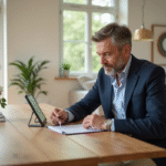 Expert immobilier étudiant des documents dans une maison lumineuse
