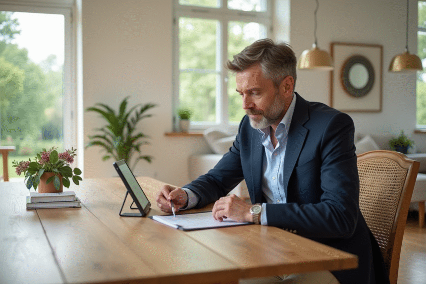Expert immobilier étudiant des documents dans une maison lumineuse