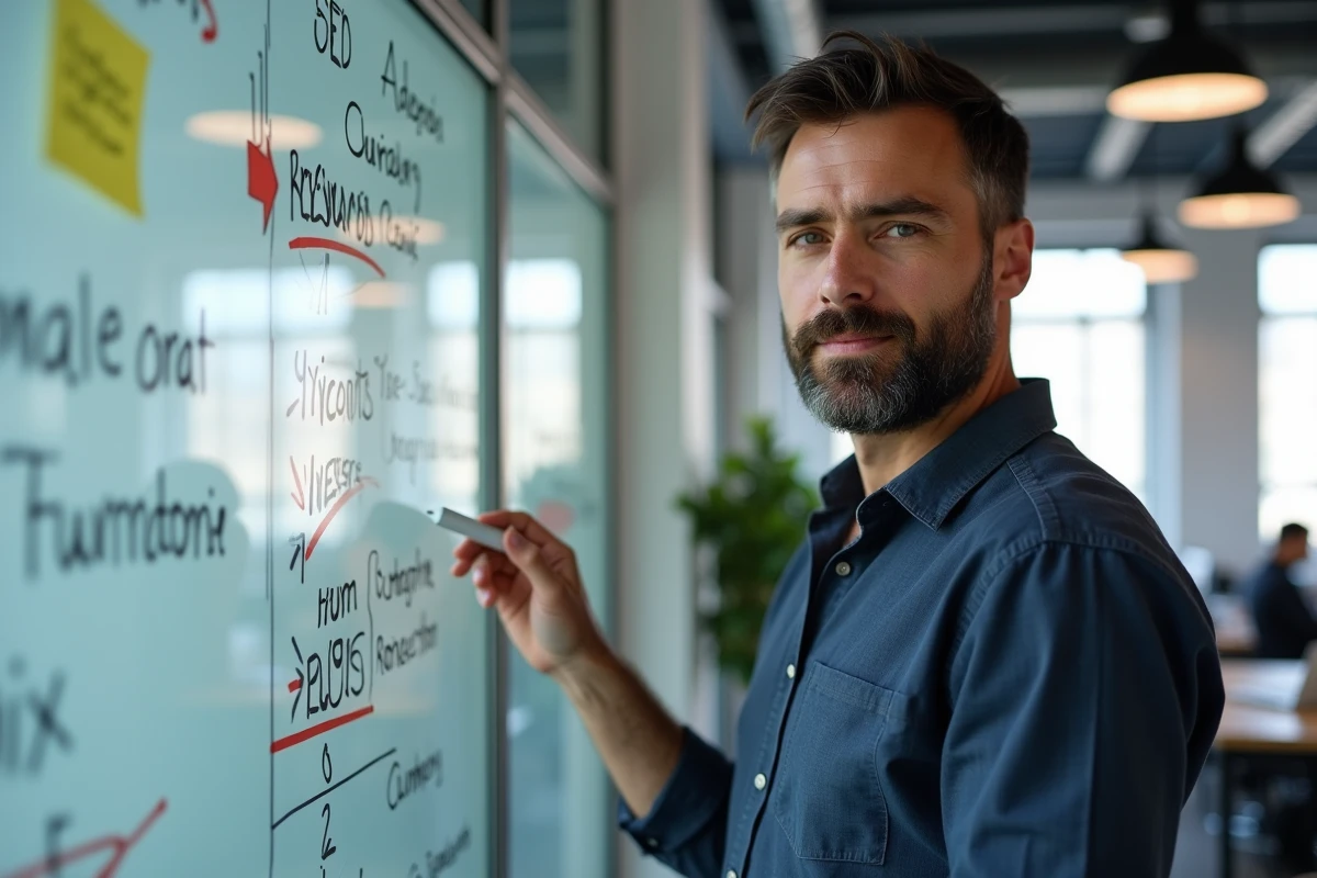 Expert SEO présentant une stratégie de mots-clés sur un tableau blanc dans un espace de coworking moderne