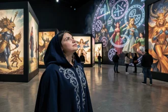 Jeune femme admirant les œuvres de l'exposition Arcane dans une grande salle immersive à Montpellier