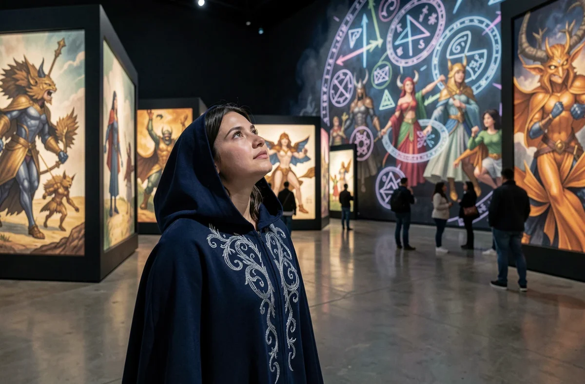 Jeune femme admirant les œuvres de l'exposition Arcane dans une grande salle immersive à Montpellier