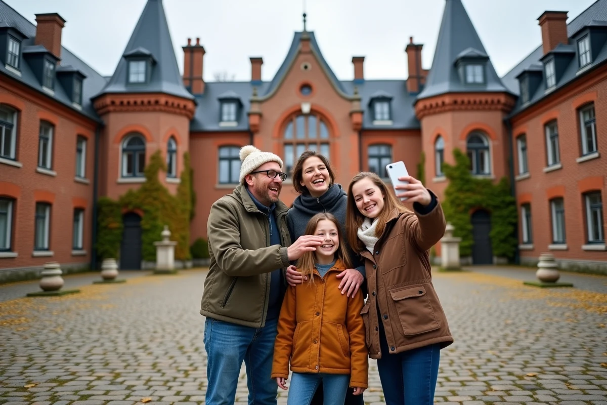 Famille en week-end posant devant le château de Bagatelle, architecture en briques rouges typique du Nord de la France
