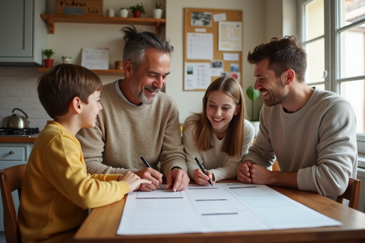 Famille heureuse autour d'une table de cuisine organisée
