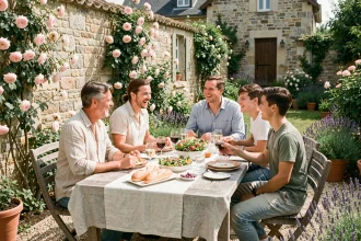 Famille française en déjeuner de week-end prolongé dans un jardin provençal lors d'un jour férié de mai 2026